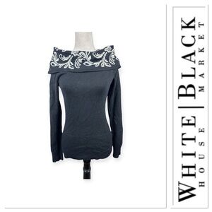 White House Black Market off the shoulder black scroll print sweater Xsmall